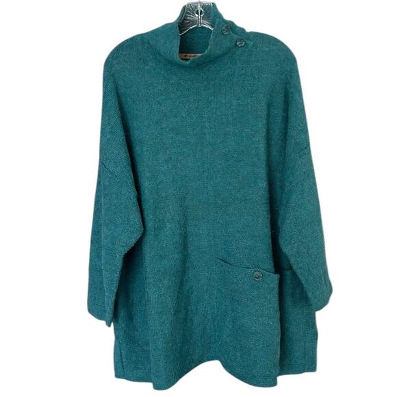 Origin Alpaca VTG Knit Poncho Sweater Women's OS Mock Neck Teal Blue Oversized - Picture 1 of 7